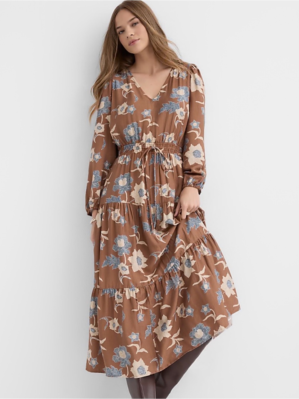 LOFT Petite Floral Smocked Tie Waist Midi Dress in Brown, size XSP